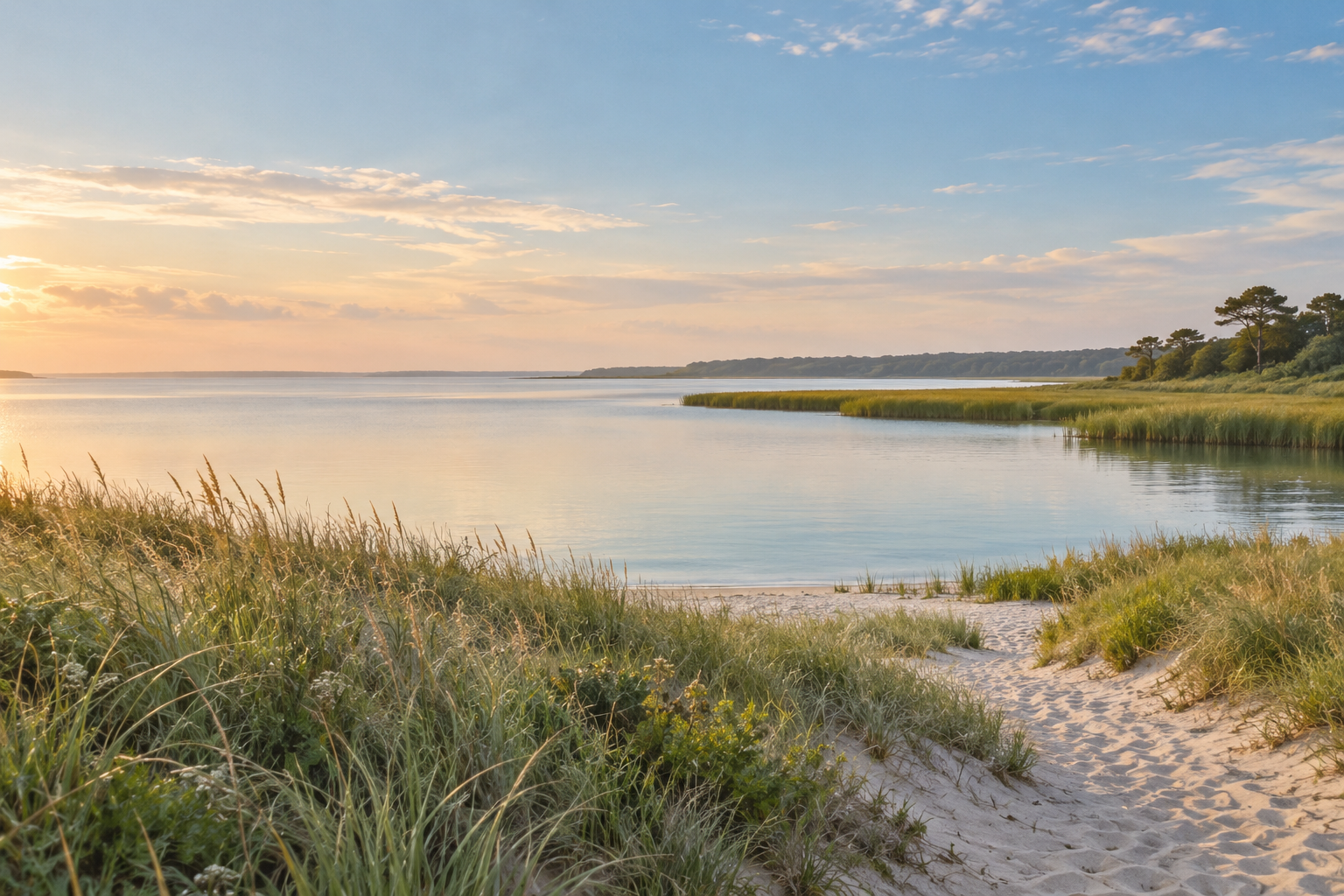 A quiet coastal bay framed by beach grass and a sandy path in soft morning light